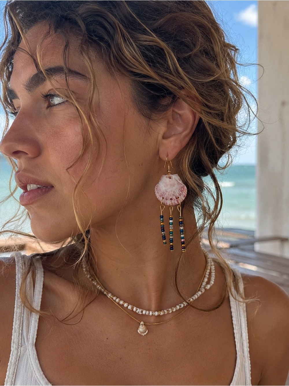 Boho Calico Scallop Shell Drop Earrings with Multicolor Beads ~ Handmade